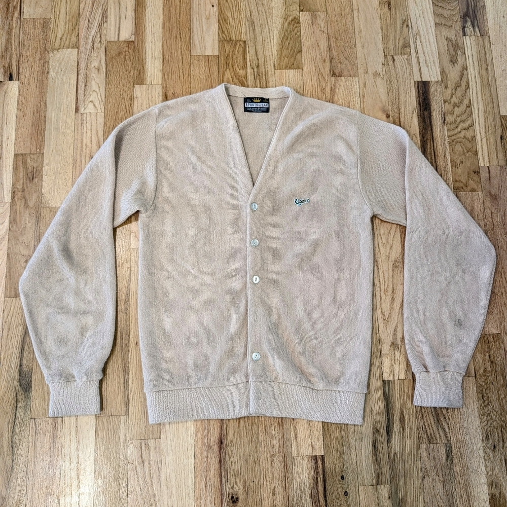 Vintage Crown Sportswear Turtle Logo Cardigan Sweater Small Tan Grunge 1970s